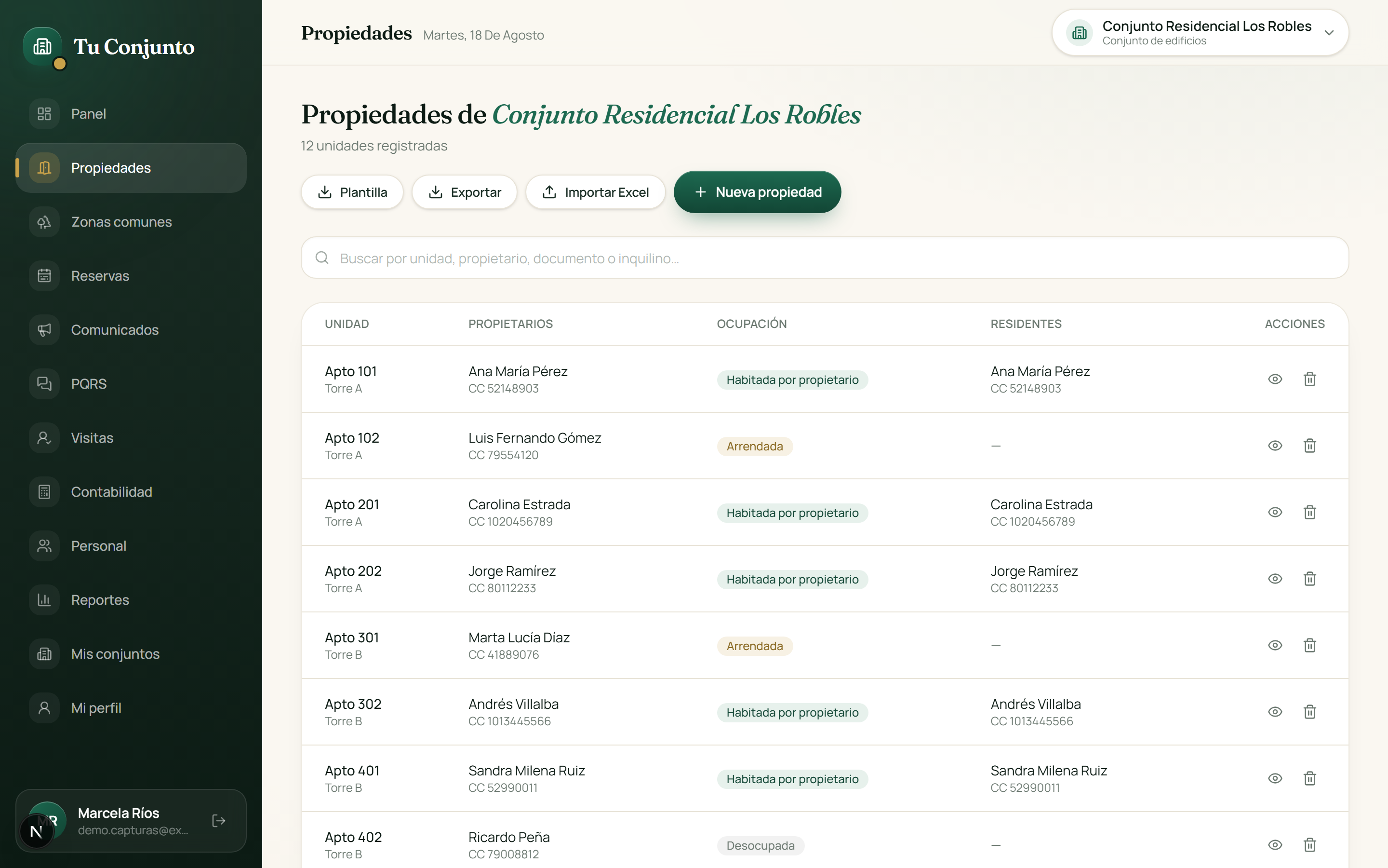 Listado de propiedades con sus propietarios y su ocupación